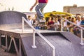 Urban city man doing extreme skate tricks on ramp Royalty Free Stock Photo