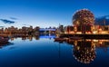 Urban city night, Vancouver marina twilight panoramic view. Skyline and buildings lights reflection Royalty Free Stock Photo