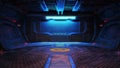 Urban city retro futuristic back drop sci fi corridor interior room with neon accents.