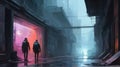 Urban city retro futuristic back drop sci fi corridor with neon accents. Royalty Free Stock Photo