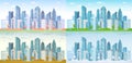 Urban city seasons. Spring town, summer, autumn urban panorama and cold winter cityscape vector background illustration