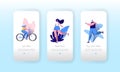 Urban City Sport Lifestyle Mobile Application Onboard Screen Set. Man Run, Woman Ride Bike. Outdoor Fitness Exercise Royalty Free Stock Photo