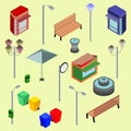 Urban city street isometric vector objects, benches, streetlight, booth, newsstand, Kiosk, clock, recycle bins, fountain