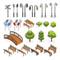 Urban city street miniature isometric vector objects, benches, trees, streetlight, seats, road signs Royalty Free Stock Photo