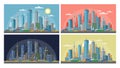 Urban city vector illustrations set, morning, sunset, night and day cityscape, panoramas in diffrent time of daytime.