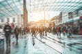 Urban city view of people crowd walking outside of bus station - Concept of modern, rushing, urban, city life, business, shopping