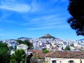 Philopappou hill as seen from Anafiotika, Plaka district. Panoramic view, Athens, Greece