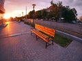 Urban cityscape with benches and lanterns in the evening Royalty Free Stock Photo