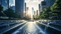 Urban cityscape with cascading waterfalls amid skyscrapers