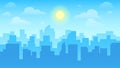 Urban cityscape. City architecture, skyscrapers buildings and town landscape with sun on cloudy sky vector background Royalty Free Stock Photo