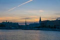 Urban cityscape of Copenhagen, silhouette of downtown at sunset