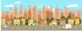 Urban cityscape old town historical buildings downtown background modern skyscrapers, road cars. Vector illustration