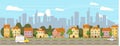 Urban cityscape old town historical buildings downtown background modern skyscrapers, road cars. Vector illustration