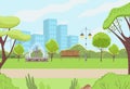 Urban cityscape park recreation, outdoor green garden relaxing place, peaceful rest city square flat vector illustration