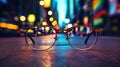 Urban Clarity: Glasses on City Street at Twilight. Generative Ai Royalty Free Stock Photo