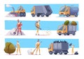 Urban cleaning. Vehicles for cleaning streets from garbage exact vector city cleaning transport