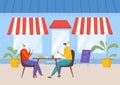 Urban comfortable street cafe, romantic pair character woman and man drink coffee, breakfast time flat vector