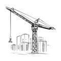 Urban construction, building sketch and Tower Crane. Royalty Free Stock Photo