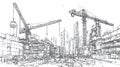 Sketches of Construction Site with Cranes and Skyscrapers, City Development Royalty Free Stock Photo