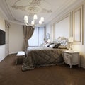 Urban Contemporary Modern Classic Traditional Bedroom Interior Design with beige walls, Elegant furniture and bed linen Royalty Free Stock Photo