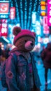 Urban-cool bear in a denim jacket, sporting a beanie with graffiti motifs Royalty Free Stock Photo