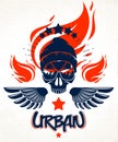 Urban culture style skull in sunglasses vector logo or emblem, gangster or thug illustration, anarchy chaos hooligan.