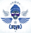 Urban culture style skull in sunglasses vector logo or emblem, gangster or thug illustration, anarchy chaos hooligan.