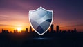 Urban Cybersecurity Shield at Sunset Royalty Free Stock Photo