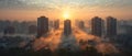 Urban Dawn: The Quiet Choke of Pollution. Concept Polluted City Sunrise, Environmental Impact,