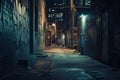 Urban Decay Aesthetics. Nighttime back alley with artistic expressions on worn walls. Cityscape allure. Generative AI