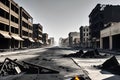 Urban Decay: Charred Remains of Structures in a Desolate City Street with Blackened Debris Scattered Amidst