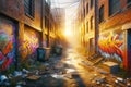 Urban Decay Street Graffiti Back Alley Scene Brick Wall Inner City Buildings AI Generated Royalty Free Stock Photo