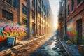 Urban Decay Street Graffiti Back Alley Scene Brick Wall Inner City Buildings AI Generated Royalty Free Stock Photo