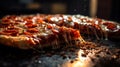 Urban Delight: Vivid Close-Up of a Glistening Pepperoni Pizza Slice