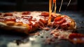 Urban Delight: Vivid Close-Up of a Glistening Pepperoni Pizza Slice