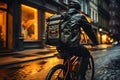 Urban delivery rider, pedaling fast with backpack, navigates bustling streets