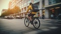 Urban delivery service cyclist speeding in city with backpack Royalty Free Stock Photo