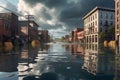 Urban Deluge: Street Submerged Under Floodwaters - Mix of Floating Debris and Partially Visible Road Markings - Ominous Inundation