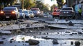 Urban destruction from earthquake in daylight with emergency response