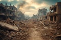 Urban destruction town in ruins with collapsing structures due to war