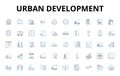 Urban development linear icons set. Gentrification, Redevelopment, Density, Infrastructure, Zoning, Sprawl