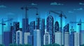 Urban development. Night construction cranes, modern city building and cityscape cartoon vector illustration Royalty Free Stock Photo