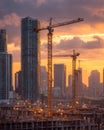 Urban Development Sunrise: Dramatic Vertical Shot of Tower Cranes and Construction Site Against a Backdrop of Modern Skyscrapers Royalty Free Stock Photo