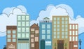 Urban downtown district with apartments restaurants and shops with hand drawn detail lamppost bench flowers and outlined clouds an