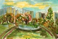 Urban drawing sketch watercolor illustration city park garden river autumn nature trees