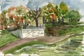 Urban drawing sketch watercolor illustration city park garden river autumn nature trees