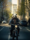 Urban Dressed Panda Hitting the Road on a Motorcycle through the city streets