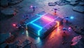 Urban Drone Shot Captures Futuristic Notebook with Glowing Particles and 3D Objects A Stunning Visual of Advanced