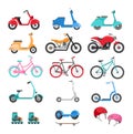 Urban eco transport illustrations set. Summer activities concept. Scooters, bicycles, roller-skates, skateboard, helmet Royalty Free Stock Photo