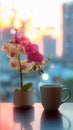 Urban elegance coffee, phalaenopsis orchid, and the citys awakening Royalty Free Stock Photo